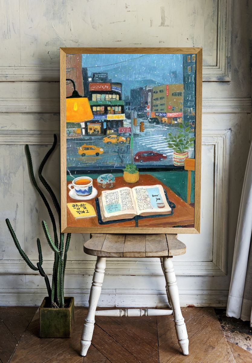 Rainy Cafe Window Illustration Poster. room preview