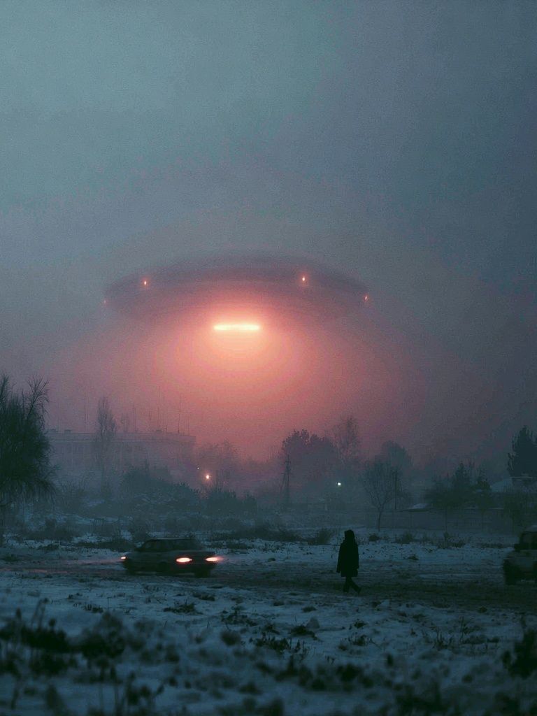 Foggy UFO Landing — Sci-Fi Print. poster — illustration art