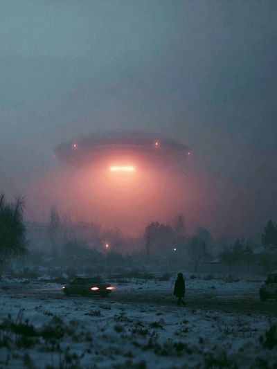Foggy UFO Landing — Sci-Fi Print. poster