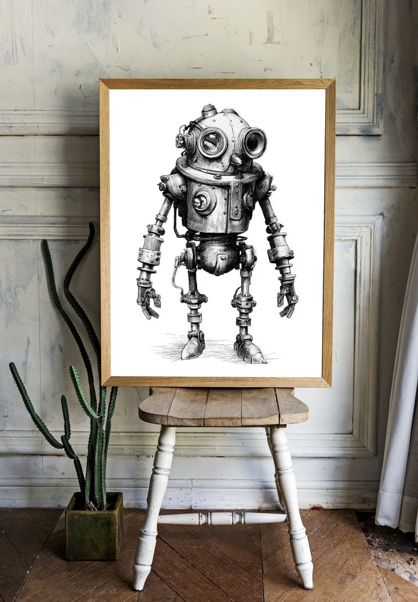 Steampunk Robot Illustration Poster. — room view 1