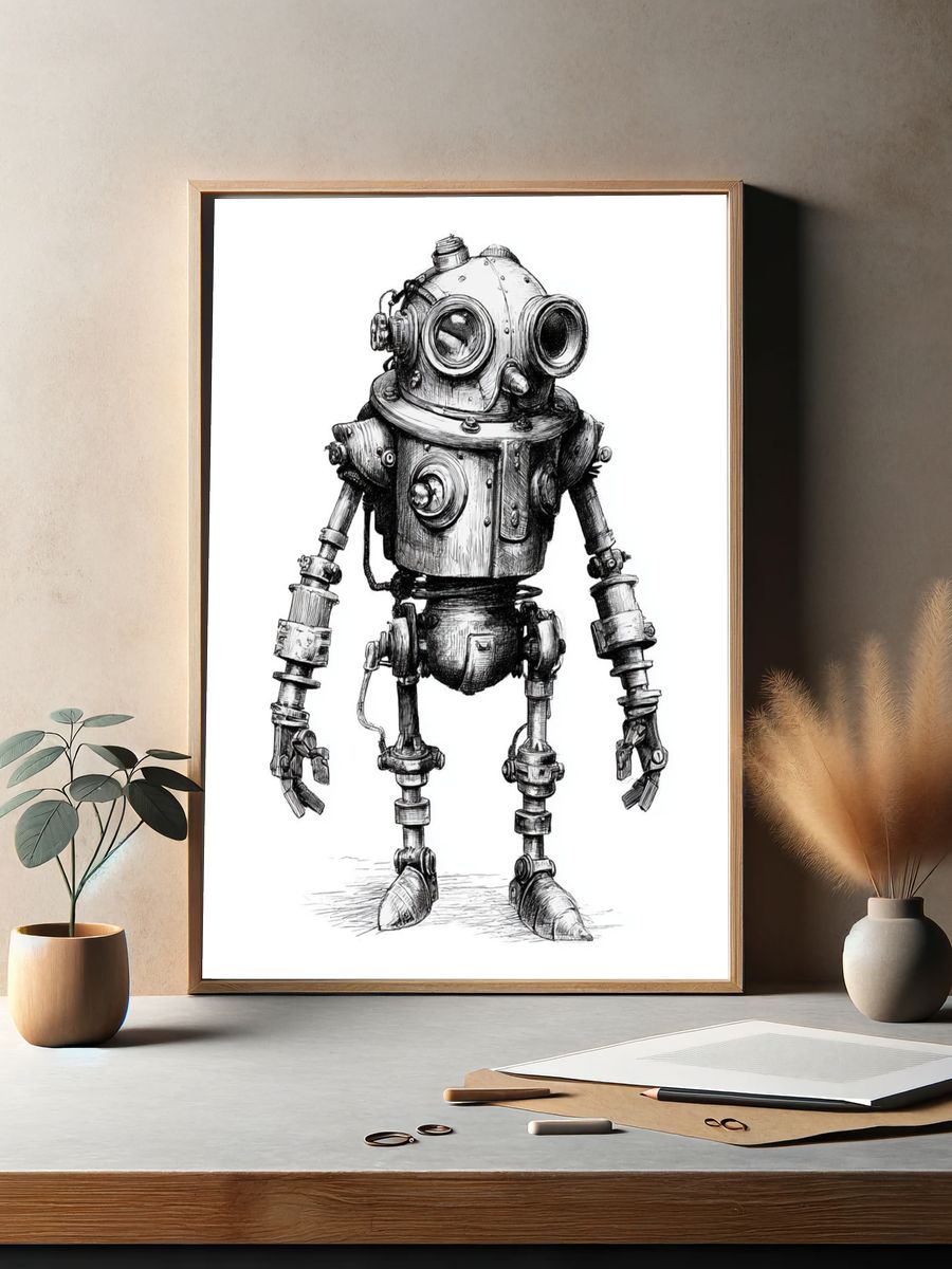 Steampunk Robot Illustration Poster. — room view 2