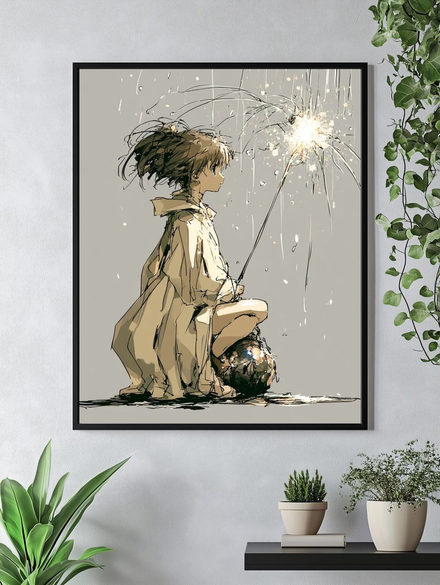 Child with Sparkler Illustration Poster. — room view 4