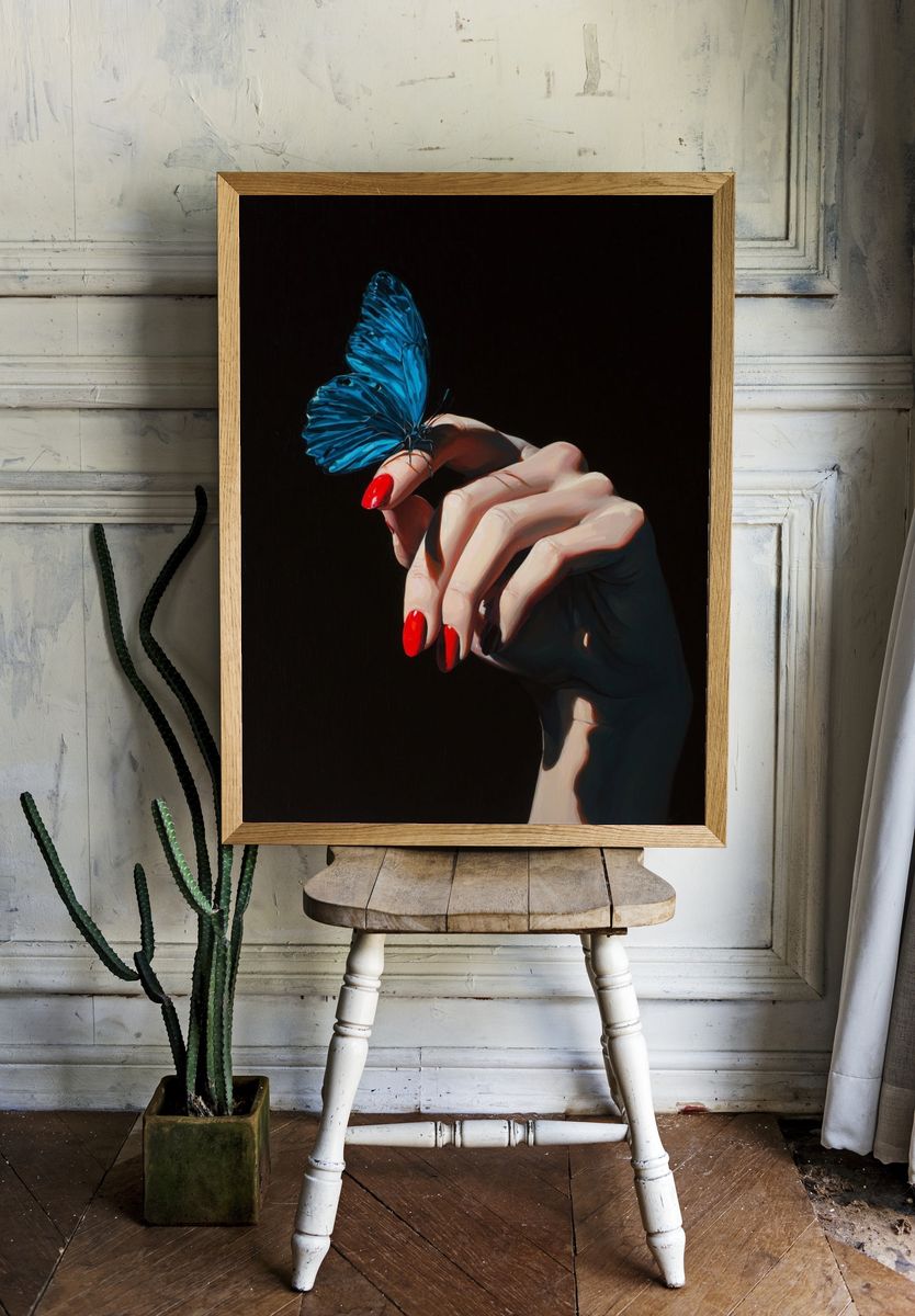 Blue Butterfly Hand Illustration Poster. — room view 1