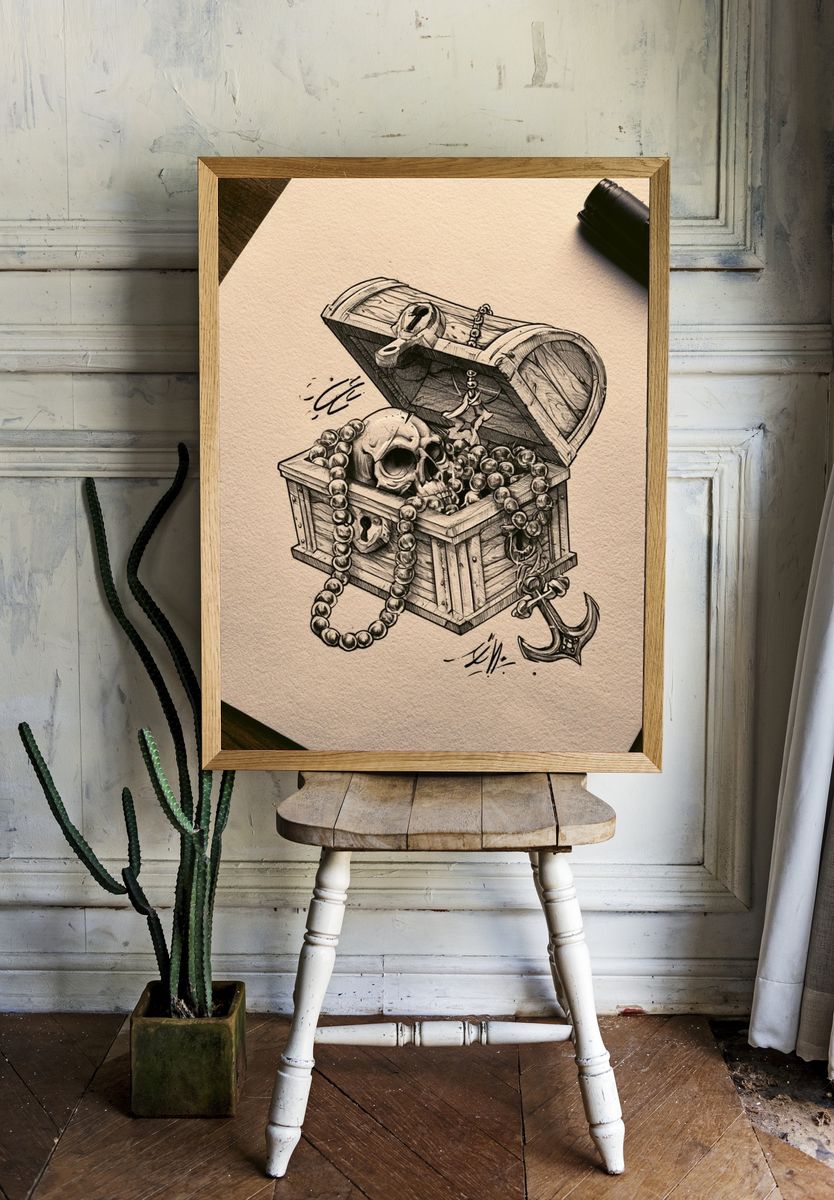 Pirate Treasure Chest Illustration Poster. — room view 1