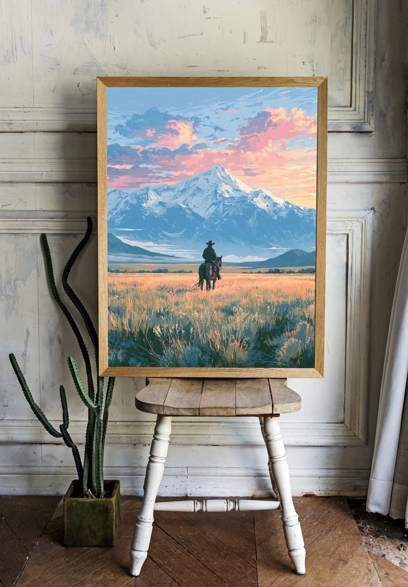 Cowboy at Sunrise Mountain Print. room preview
