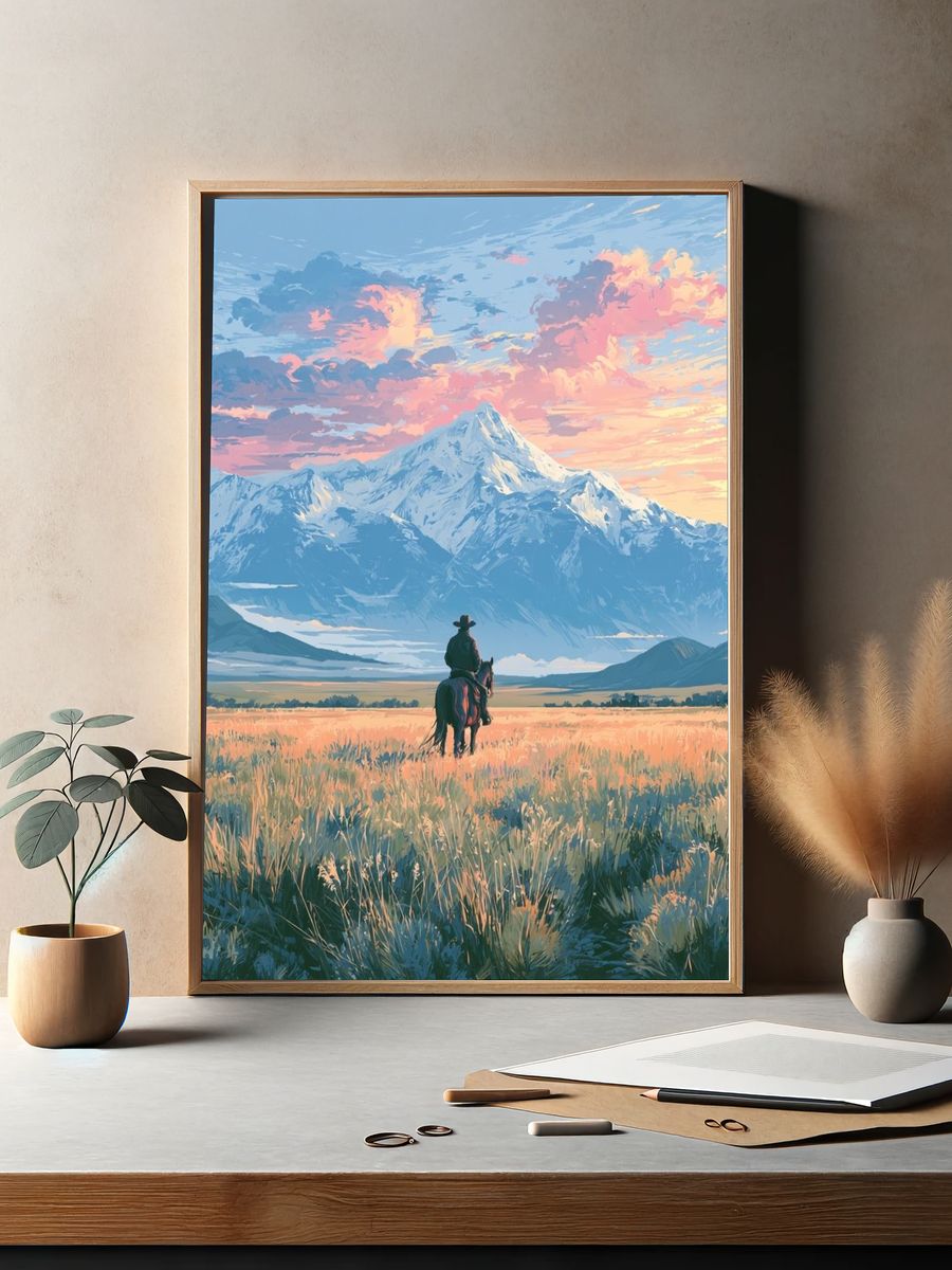 Cowboy at Sunrise Mountain Print. — room view 2