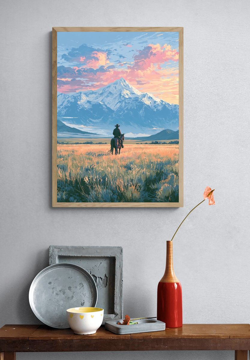 Cowboy at Sunrise Mountain Print. — room view 3