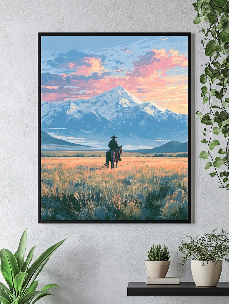 Cowboy at Sunrise Mountain Print. — room view 4