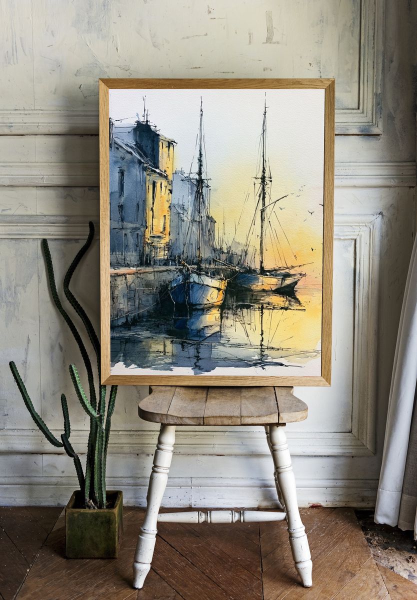 Harbor Boats Watercolor Poster. room preview