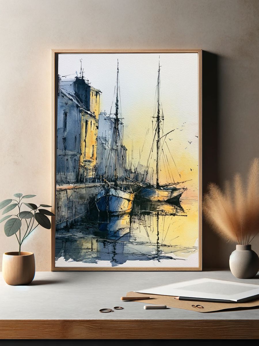 Harbor Boats Watercolor Poster. — room view 2
