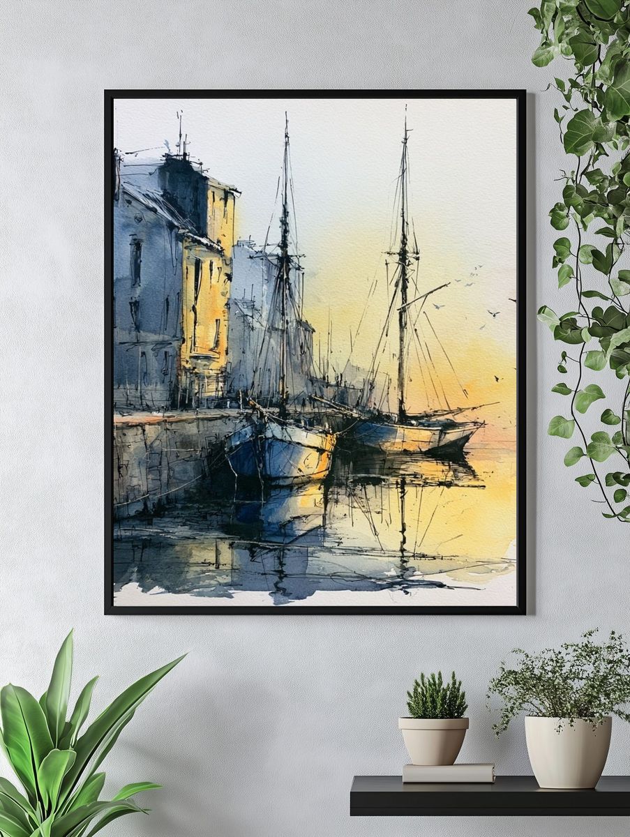 Harbor Boats Watercolor Poster. — room view 4