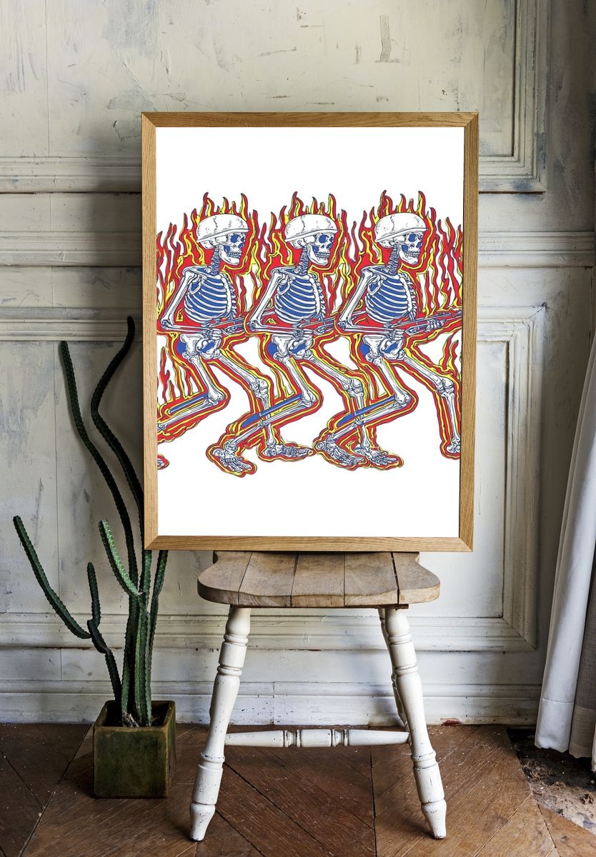 Flaming Skeleton Trio Illustration Poster. room preview