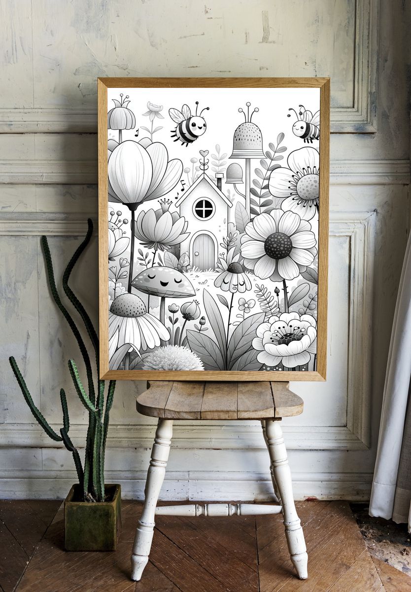 Whimsical Garden Bees Illustration Poster. — room view 1