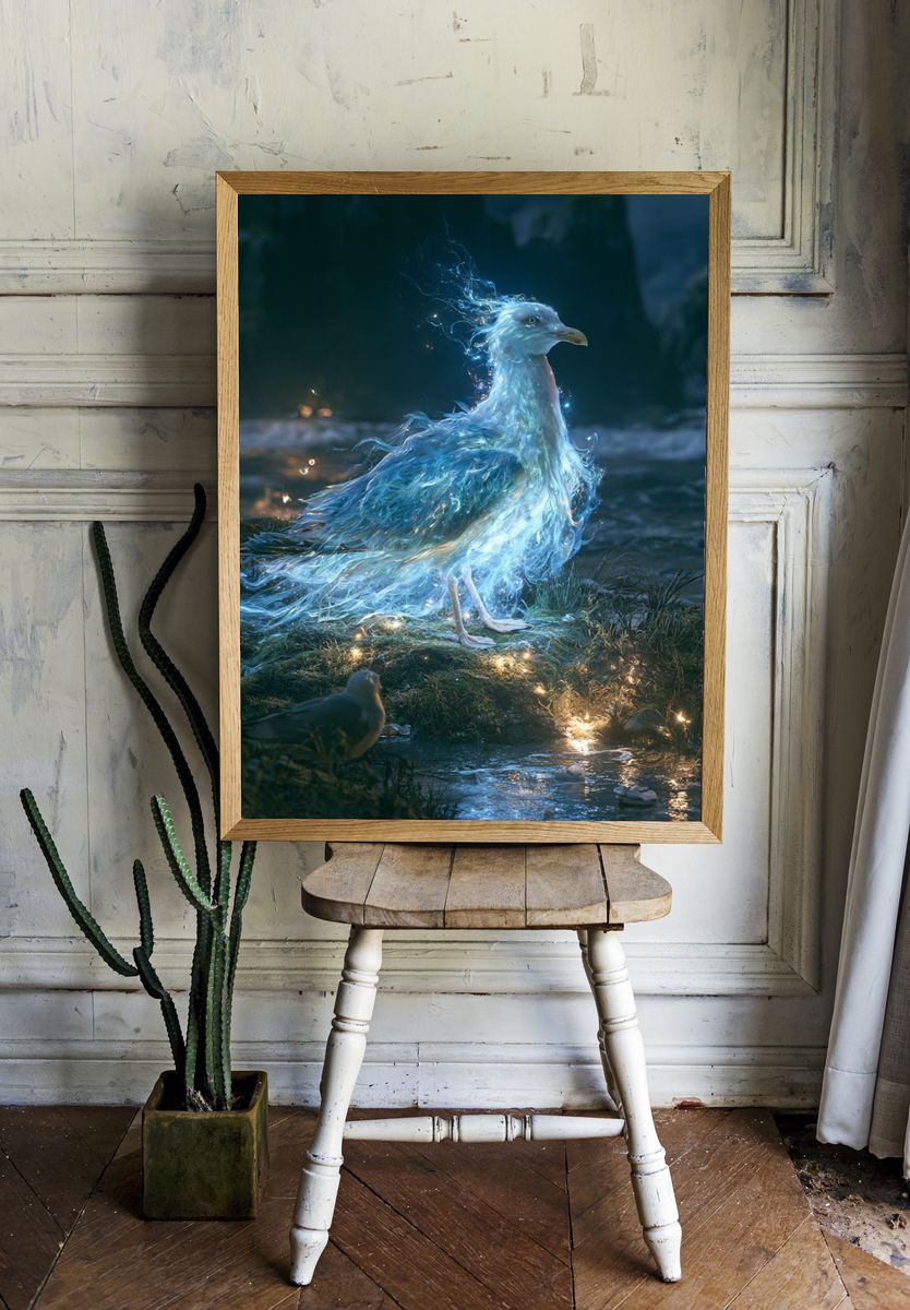 Glowing Seagull Fantasy Illustration Poster. — room view 1