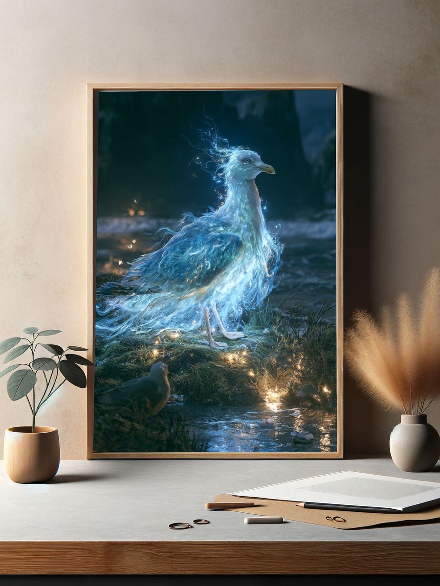 Glowing Seagull Fantasy Illustration Poster. — room view 2