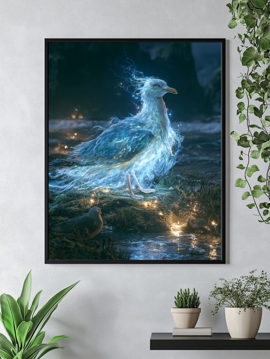 Glowing Seagull Fantasy Illustration Poster. — room view 4