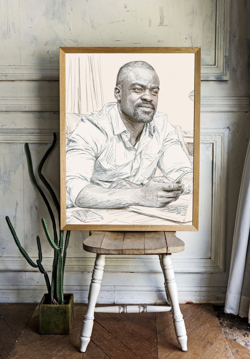 Contemplative Man Sketch Portrait Print. room preview