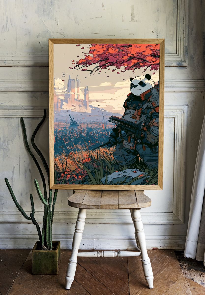 Panda Samurai Sci-Fi Illustration Poster. — room view 1