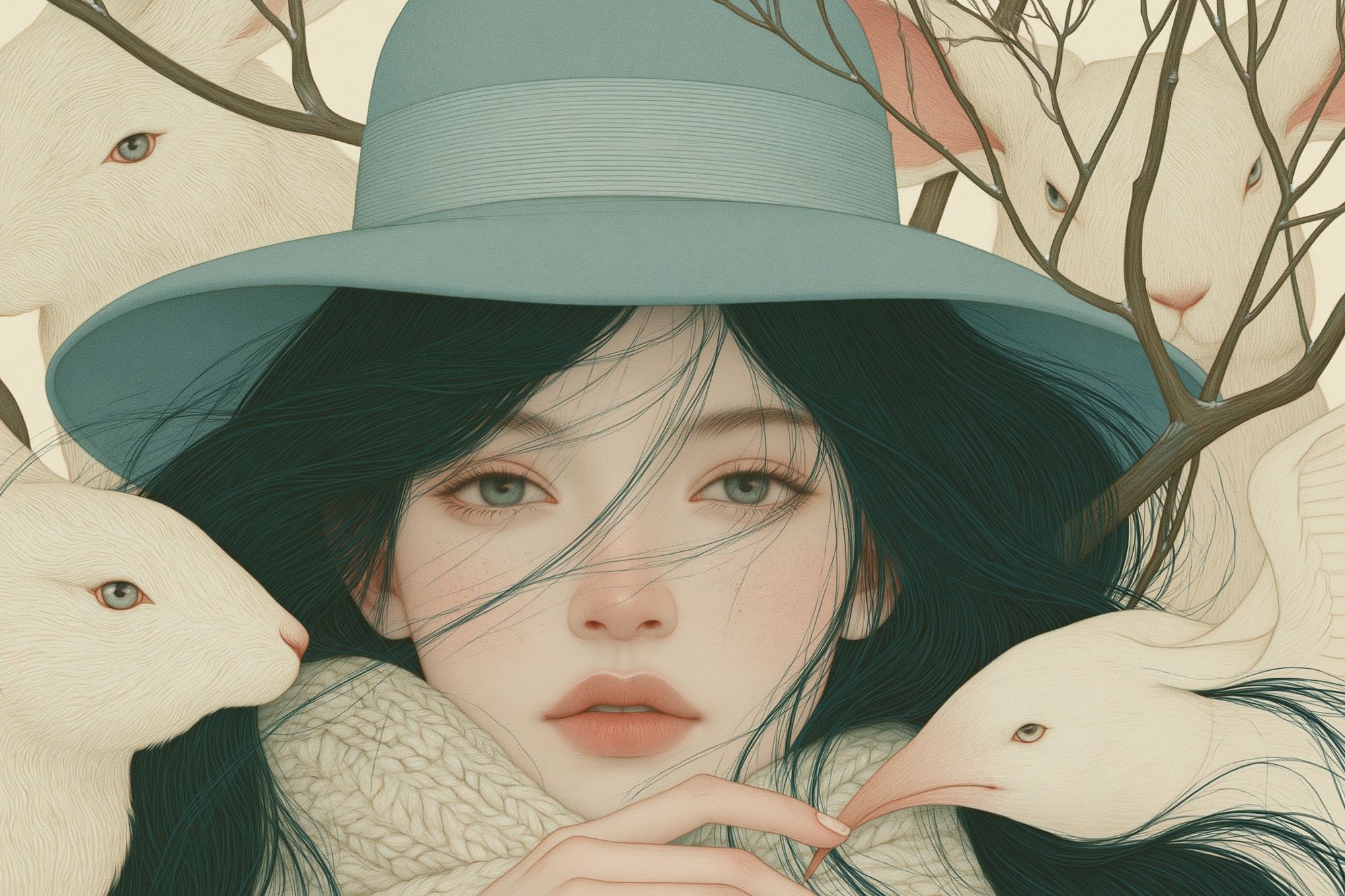 Dreamy Girl with Rabbits Illustration Poster. poster detail