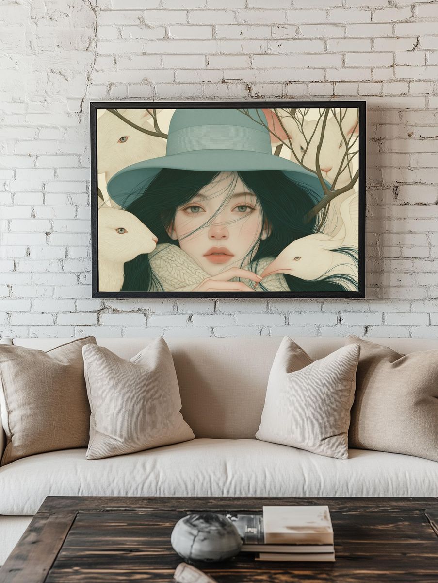 Dreamy Girl with Rabbits Illustration Poster. — room view 1