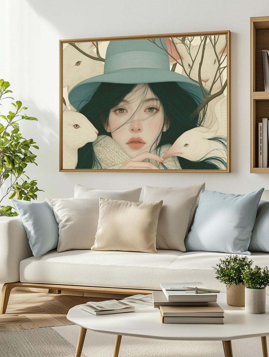 Dreamy Girl with Rabbits Illustration Poster. — room view 2