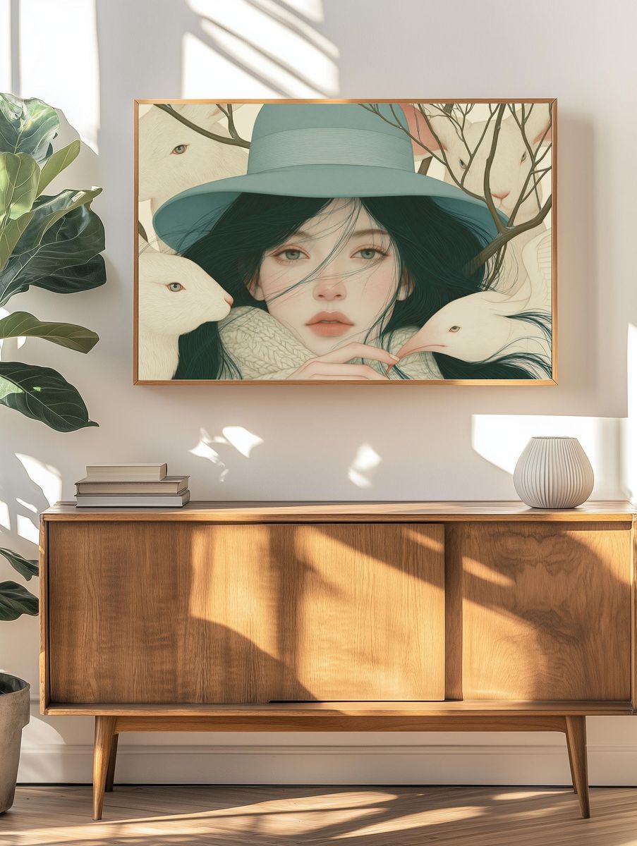 Dreamy Girl with Rabbits Illustration Poster. — room view 3