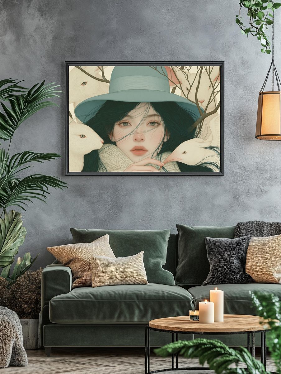 Dreamy Girl with Rabbits Illustration Poster. — room view 4