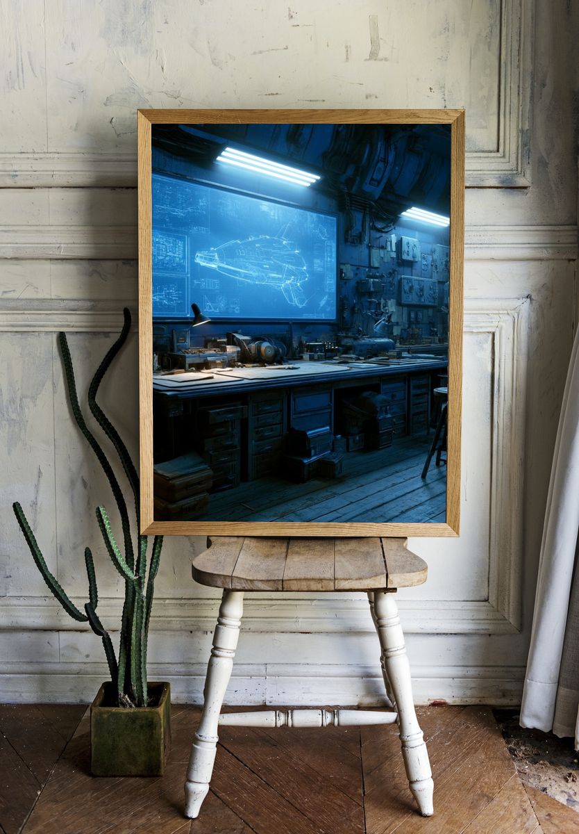Futuristic Blueprint Workshop Print. room preview