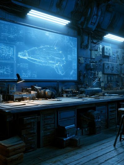 Futuristic Blueprint Workshop Print. poster
