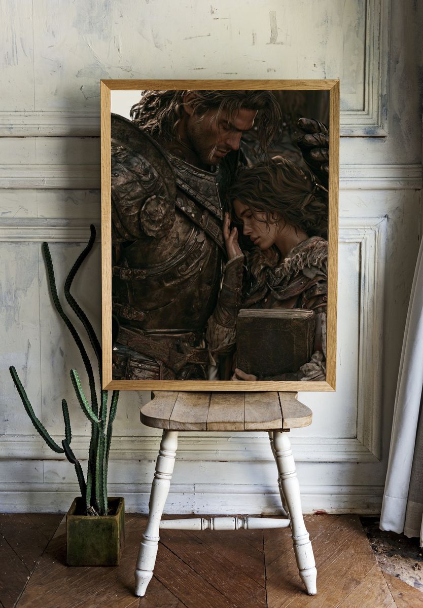 Fantasy Knight and Woman — Illustration Print. room preview