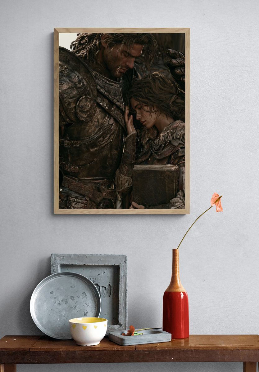 Fantasy Knight and Woman — Illustration Print. — room view 3