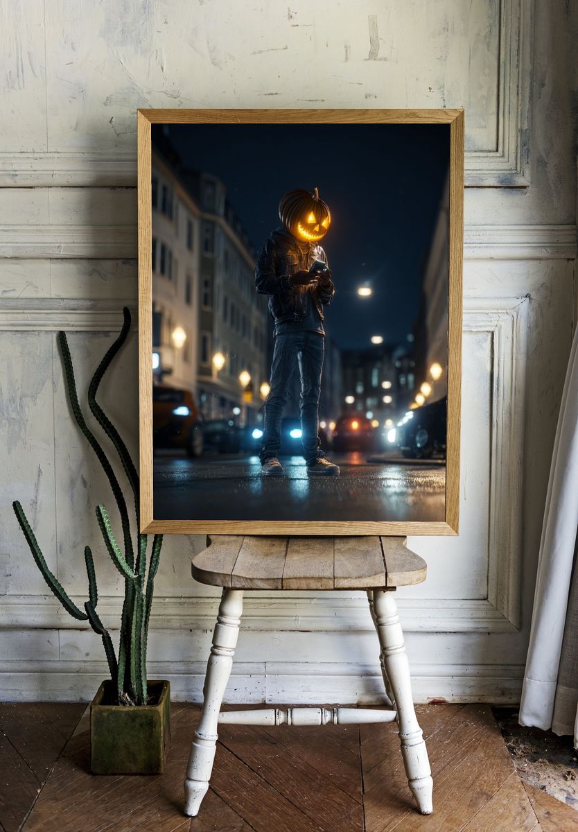Pumpkin Head Street Scene Poster. room preview