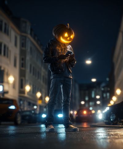 Pumpkin Head Street Scene Poster. poster print