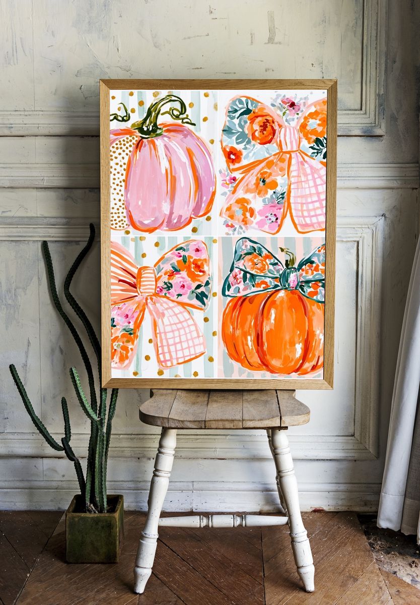 Pumpkin Bow Watercolor Illustration Poster. — room view 1