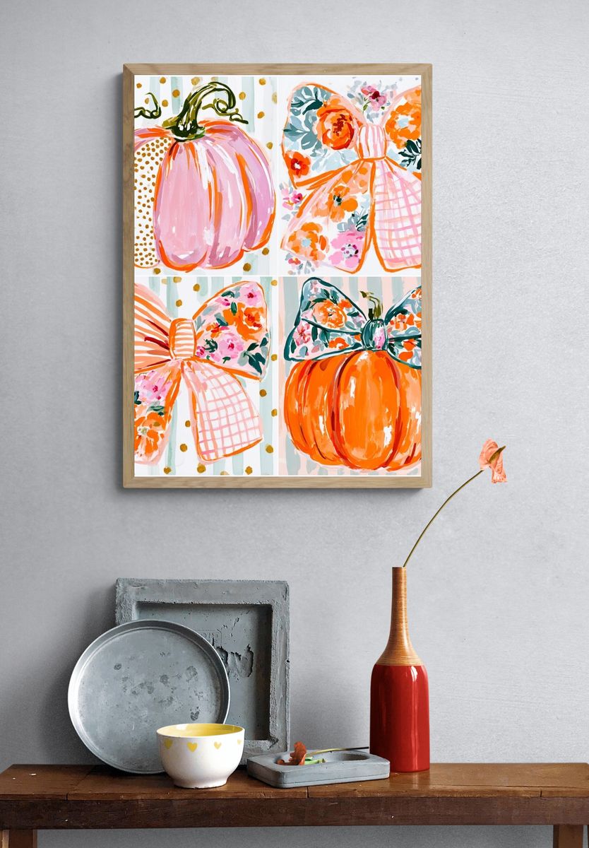 Pumpkin Bow Watercolor Illustration Poster. — room view 3