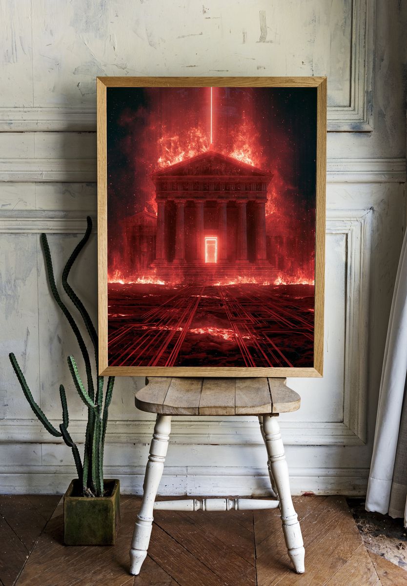 Burning Temple Digital Art Poster. room preview