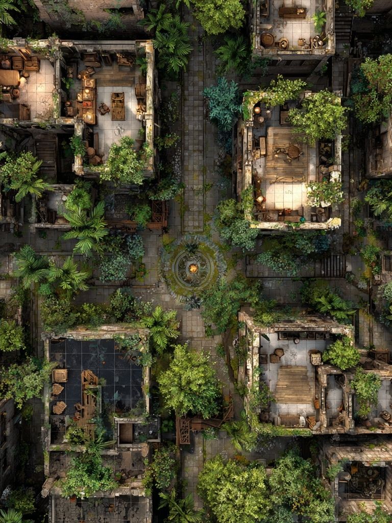 Overgrown Courtyard Ruins Illustration Poster. poster detail