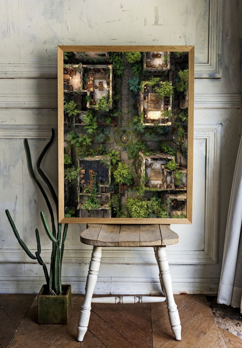 Overgrown Courtyard Ruins Illustration Poster. room preview