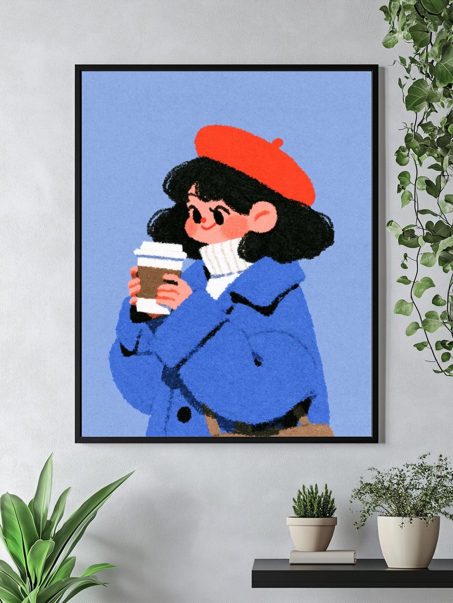 Girl with Coffee Illustration Poster. — room view 4