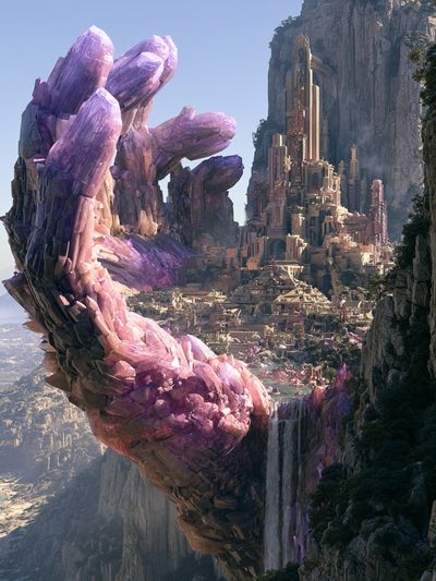 Crystal Cliff Cityscape Fantasy Print. poster