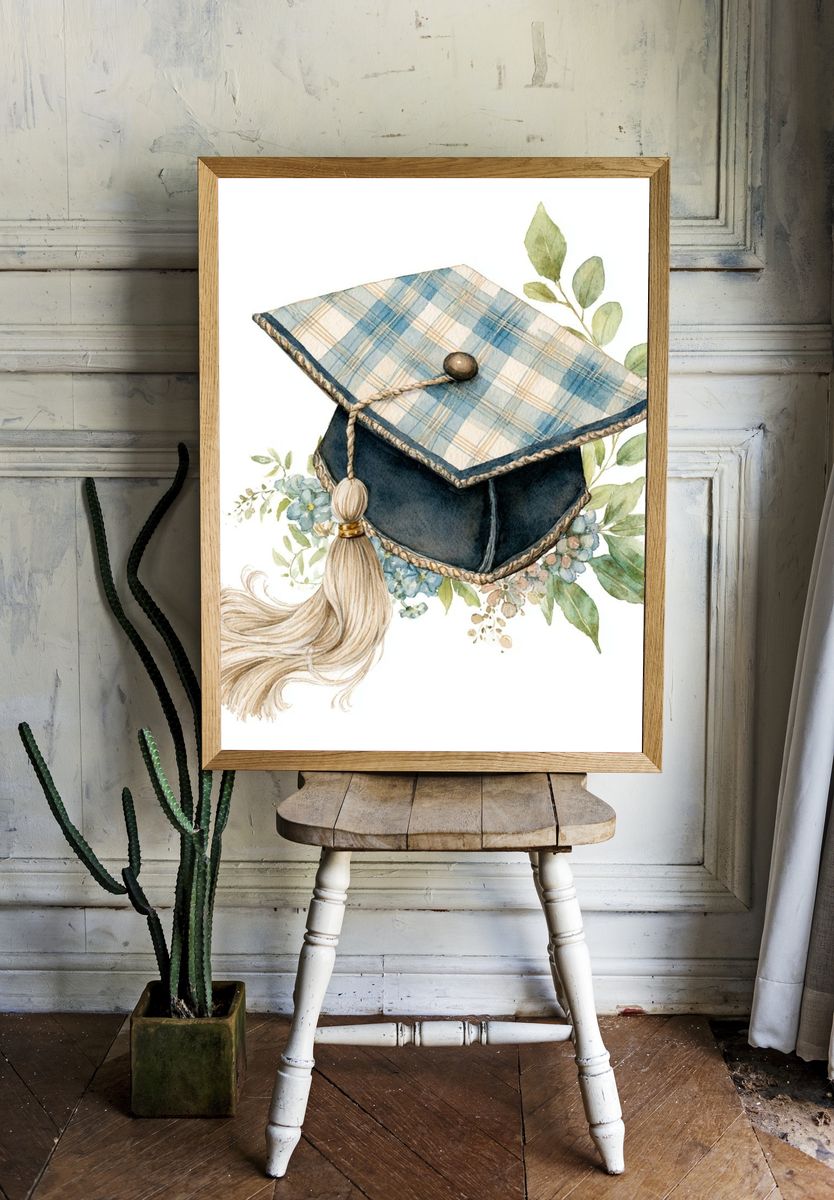 Graduation Cap Watercolor Print. room preview