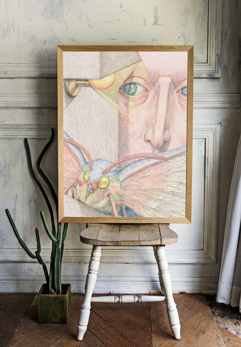 Surreal Face and Moth Illustration Poster. — room view 1