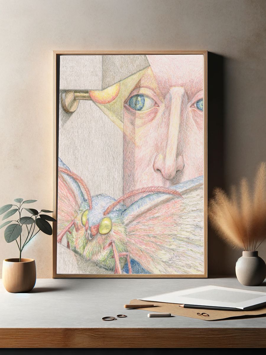 Surreal Face and Moth Illustration Poster. — room view 2