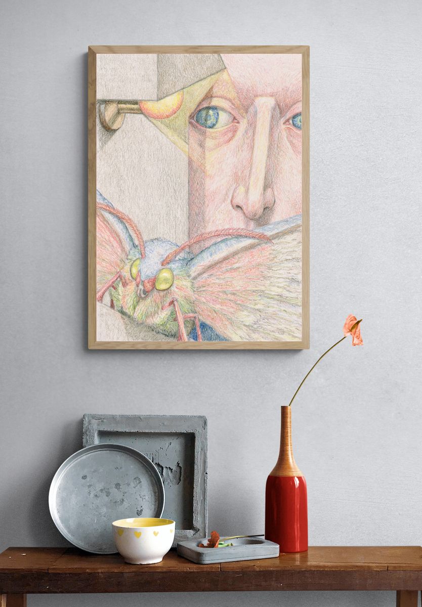 Surreal Face and Moth Illustration Poster. — room view 3