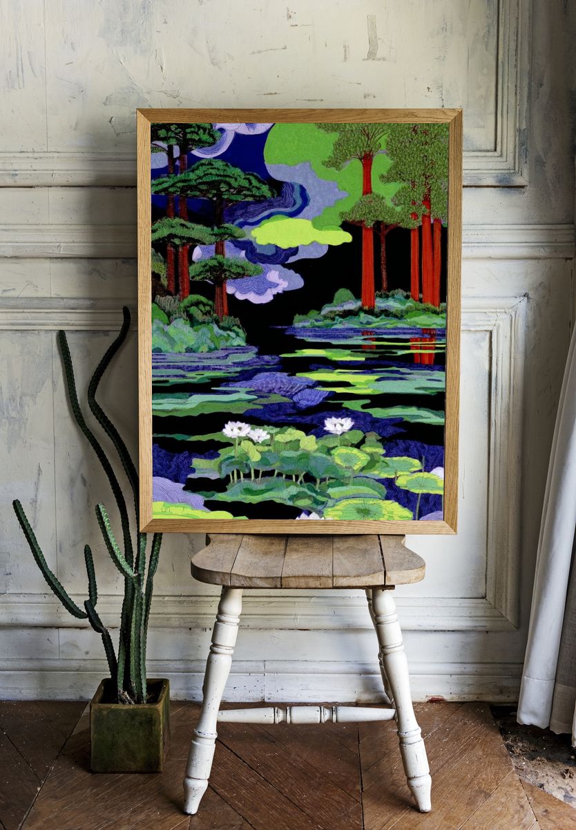 Lotus Pond Forest Illustration Poster. — room view 1