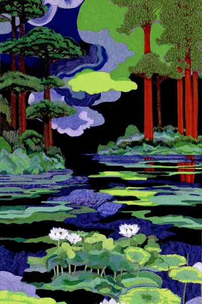Lotus Pond Forest Illustration Poster.