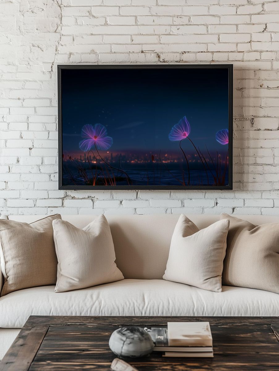 Neon Lotus Bloom Illustration Poster. room preview