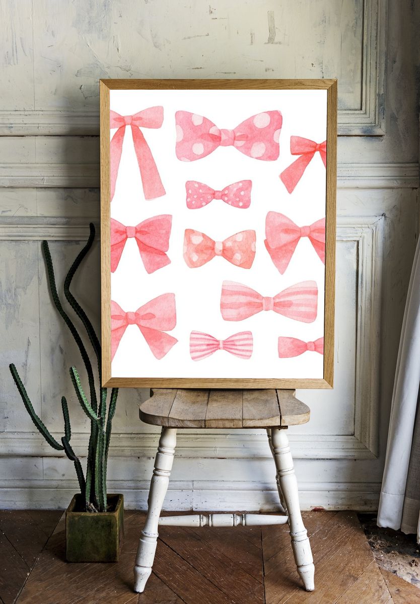 Pink Watercolor Bows Print. — room view 1