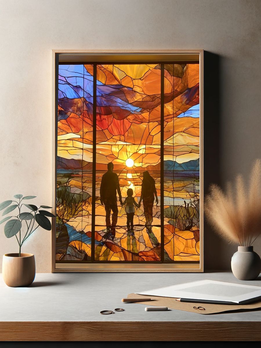 Sunset Family Silhouette Illustration Poster. — room view 2