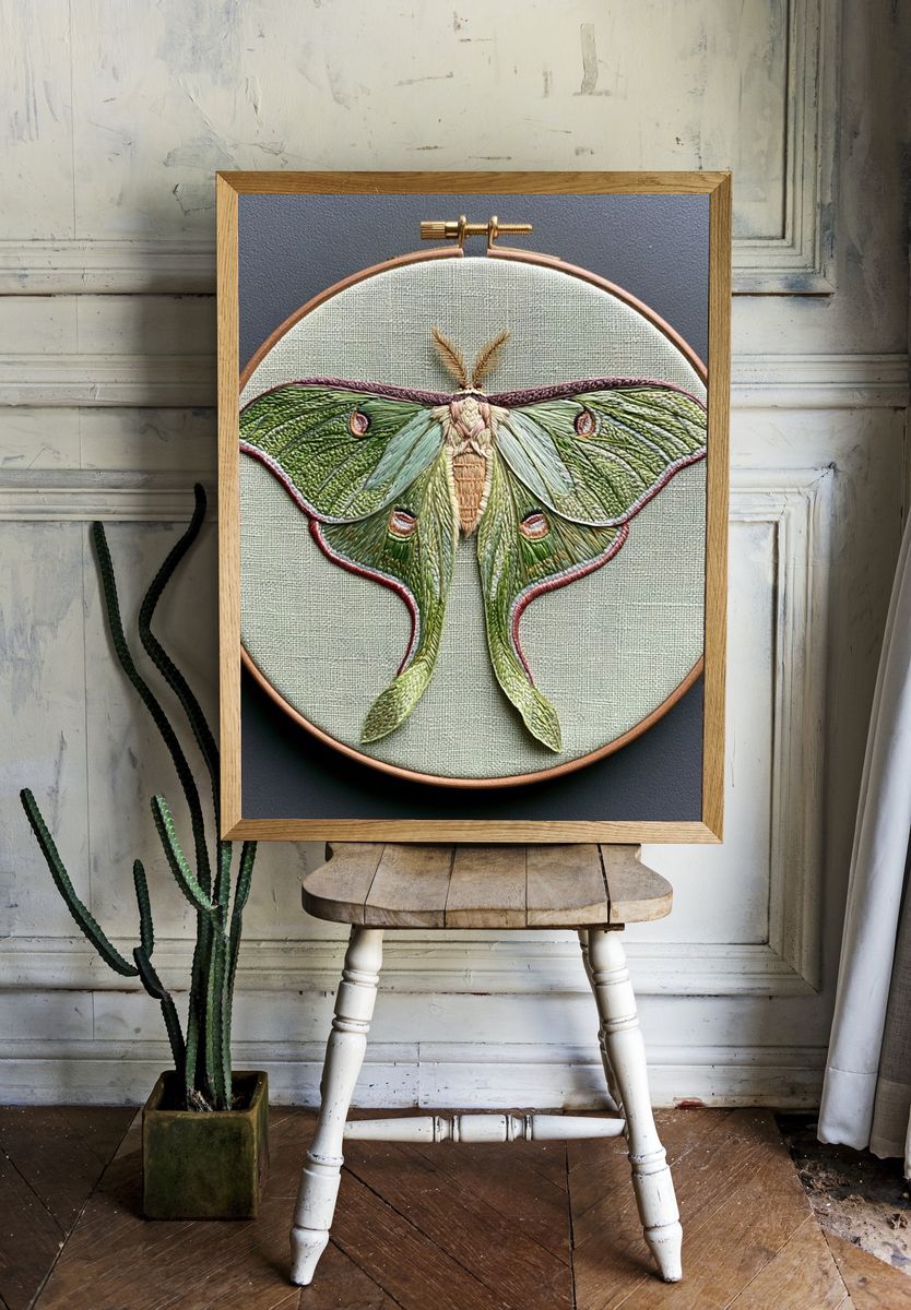 Luna Moth Embroidery Illustration Poster. room preview